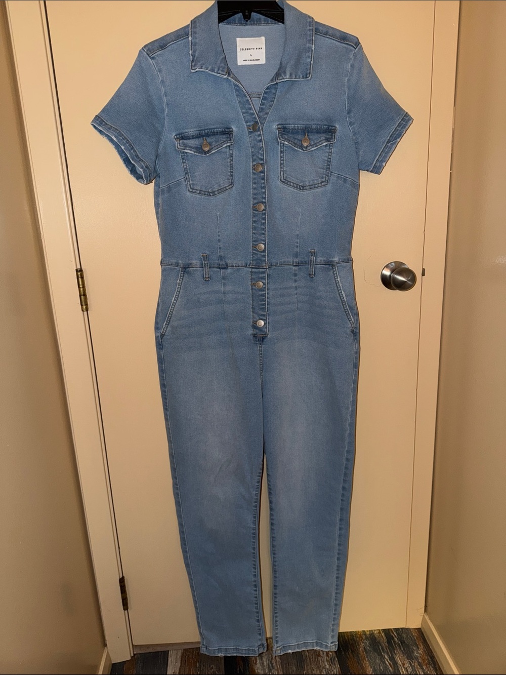 Celebrity Pink Light Blue Denim Short-Sleeve Jumpsuit